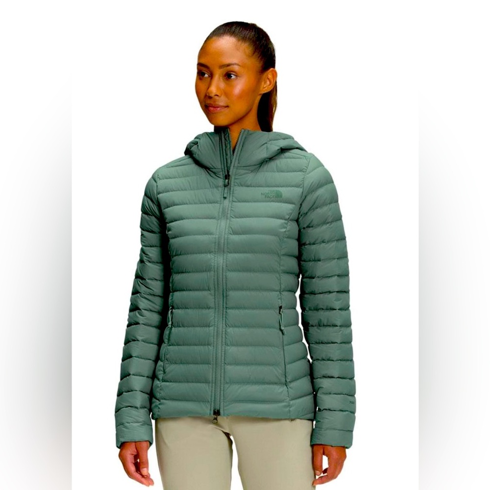 North Face Stretch Down Hoodie in Laurel Wreath Green.